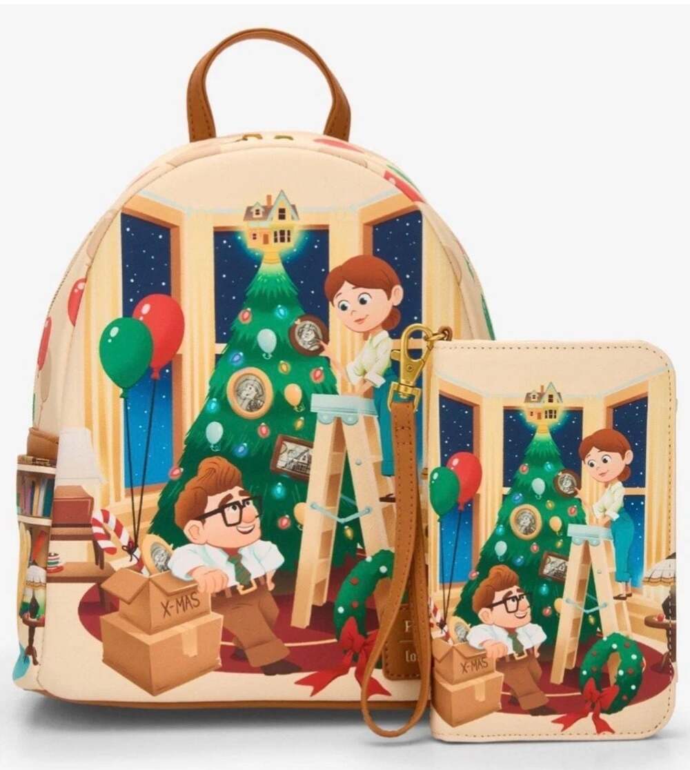 Loungefly Disney Pixar Up Carl and Ellie Christmas Tree Decorating Mini Backpack